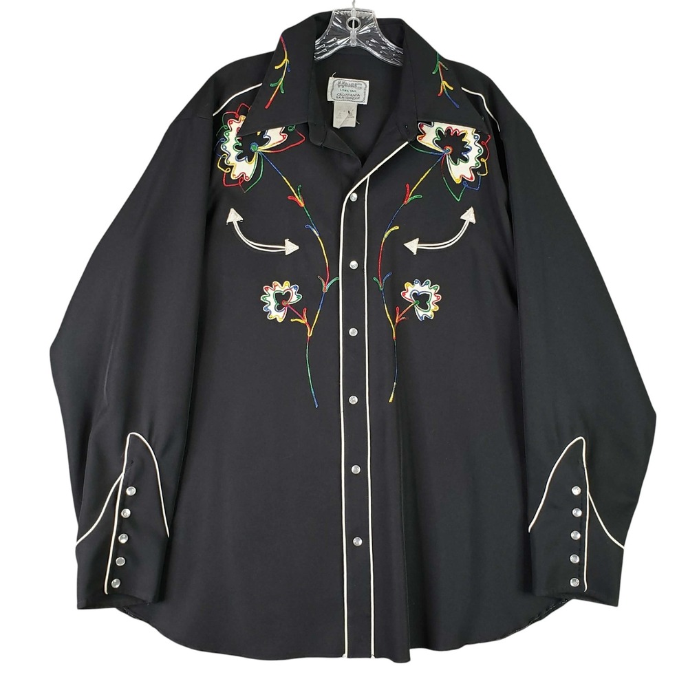 Vintage H Bar C California Ranchwear Black Embroidered Western Pearl Snap Shirt